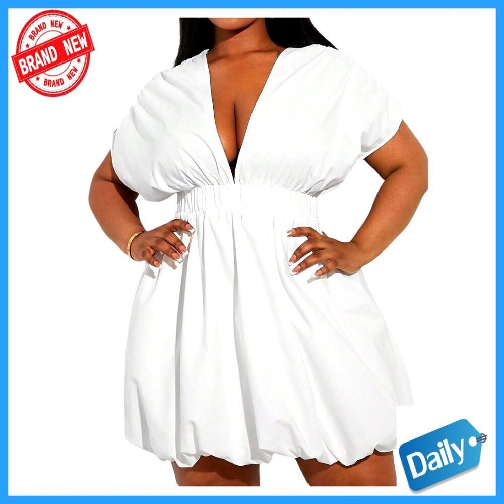 Plus Size Deep V Neck Bubble Dress Short Sleeve A Line Mini Chic Y2K